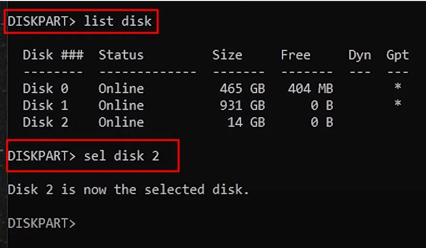 List disks and select the disk