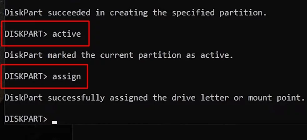 Type active the partition and assign the partition