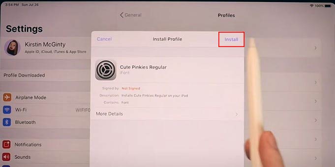 Click on Profile download and install on iPad setting