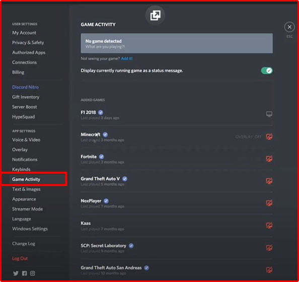 Discord game and activity setting to fix Discord Screen Share No Audio