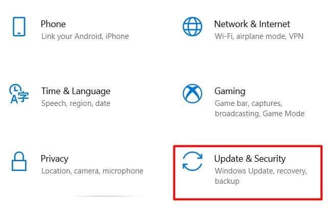 click on update and security settings