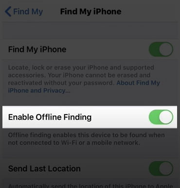 the final step, Enable offline finding