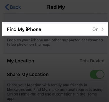 Tap on Find my iPhone option