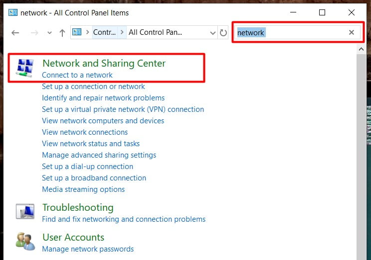 click on the network and sharing center