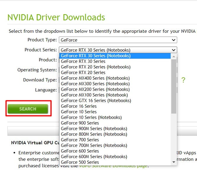 search for NViDIA driver and download