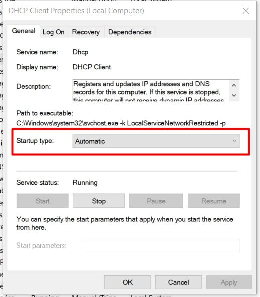 select DHCp service Start up type Autometic