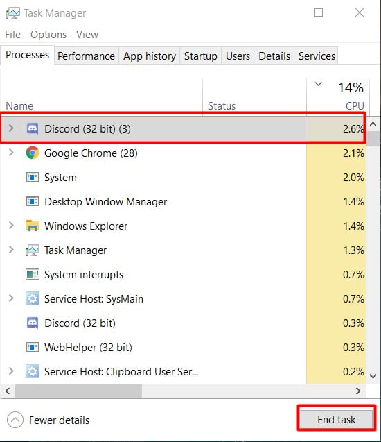 CLose discord from task manager