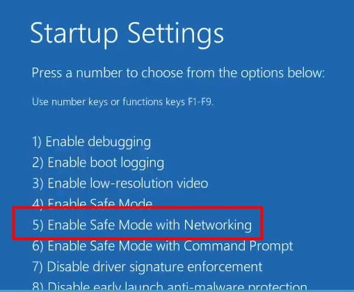 Press Five to Enable Safe Mode with Networking