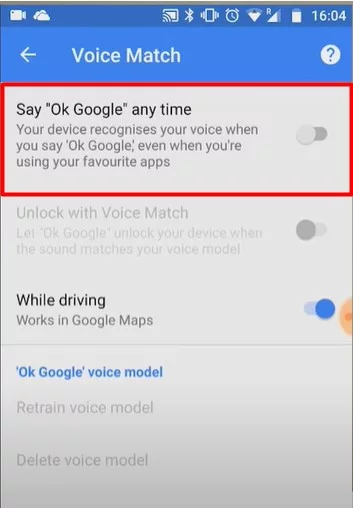 turn on the While driving on turn off Say "Ok Google" any time