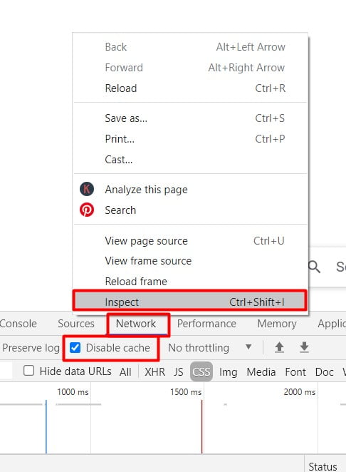 Right-click on page - choose Inspect then Network then Disable Cache