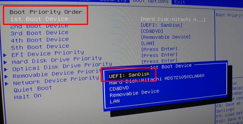 Select USB drive as1st Boot priorty order