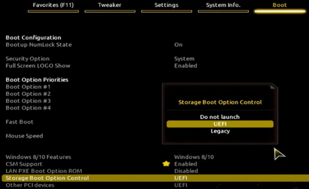 Select UEFI option for Storage Boot Option Control Windows 11 BIOS Settings