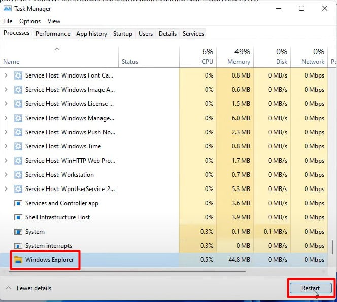 Select Windows Explorer and Click on Restart