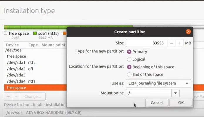 Change Create partition settings