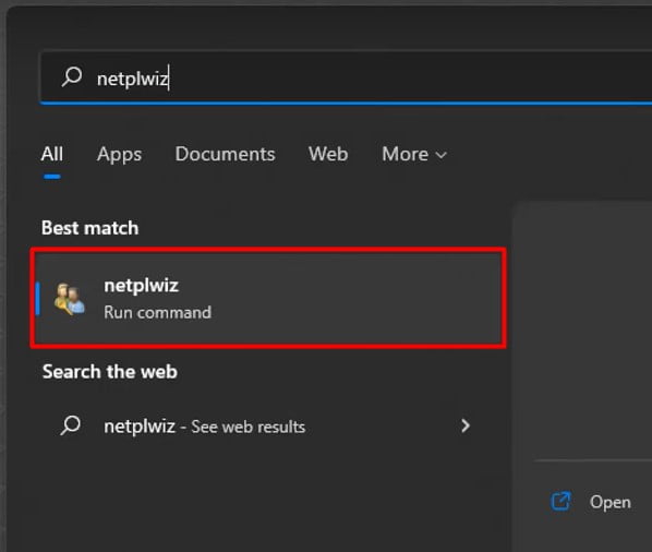Search and open netplwiz