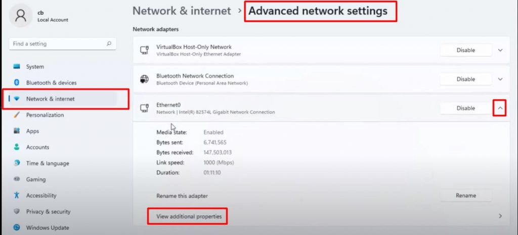 Go to Network and Internet and Expand Ethernet0 and click on View additional pro