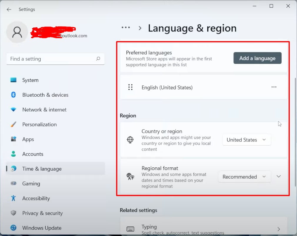Select Country And Language settings as United States to Install Android Subsystem With Amazon App Store On Windows 11 Unsupported PC