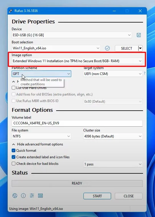 Select Extended Windows 11 Installation - no TPM or Secure Boot (Create Bootable USB Windows 11)