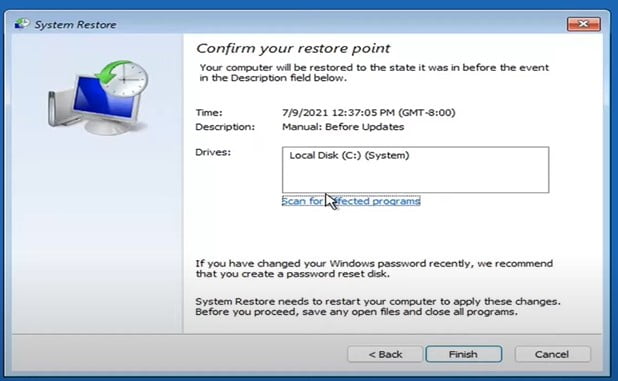 Select drive to confirm the restore point