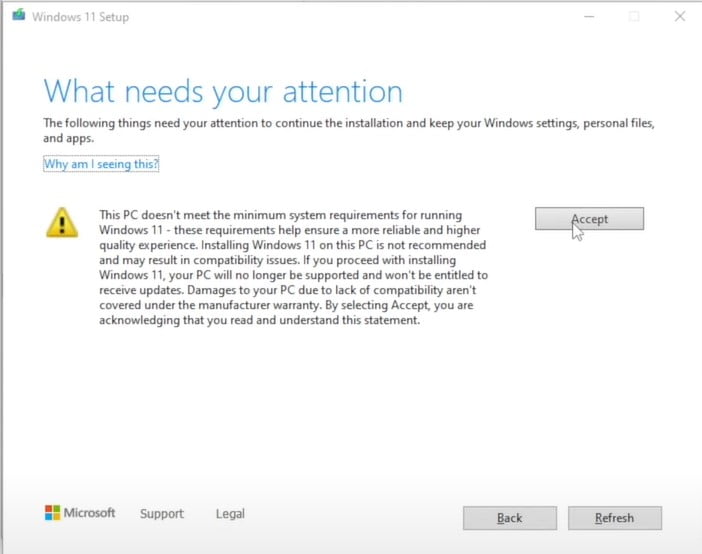 Warning message on Installing Windows 11
